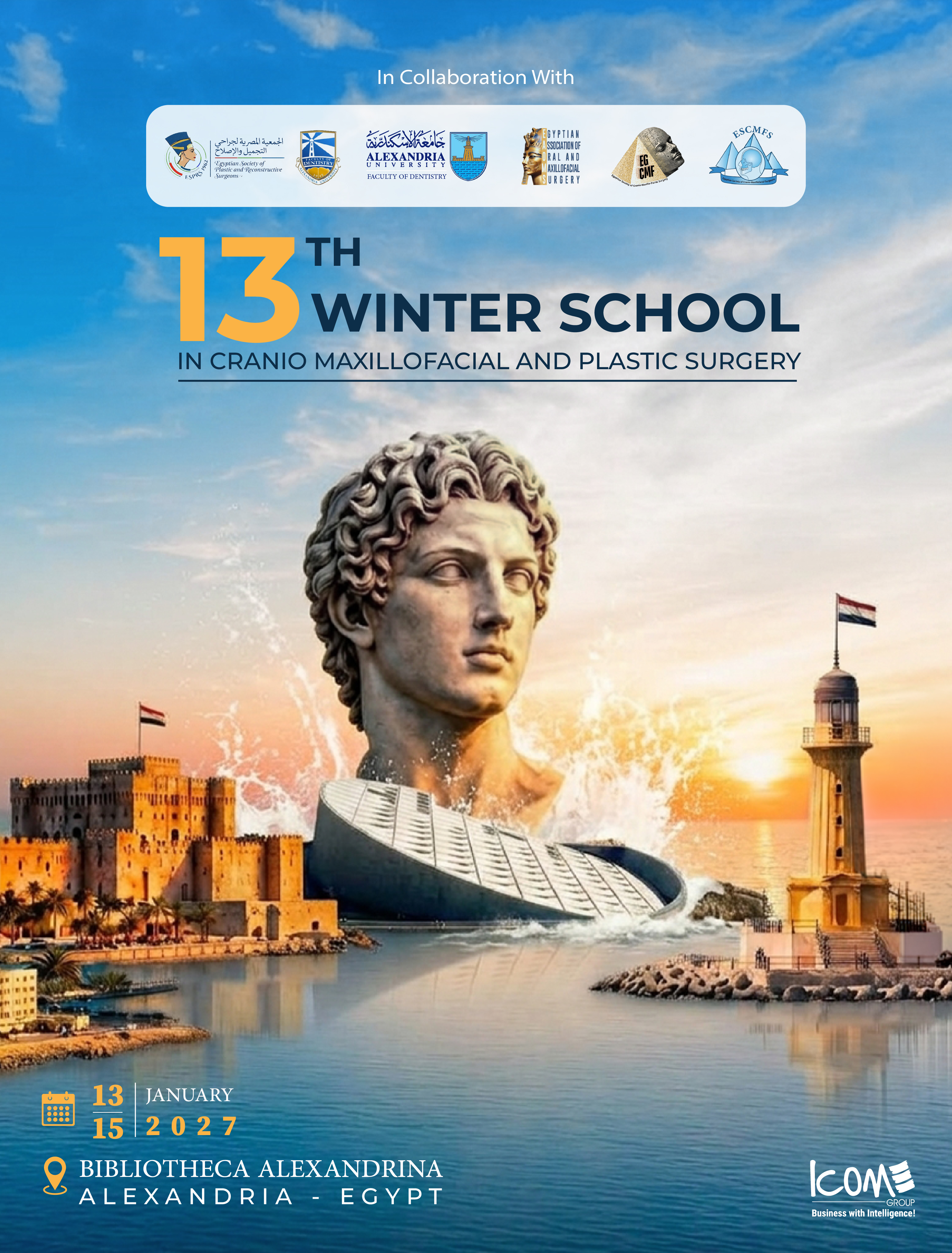 Official poster: 13th Winter School in Cranio Maxillofacial and Plastic Surgery — 13–15 January 2027, Bibliotheca Alexandrina, Alexandria, Egypt.